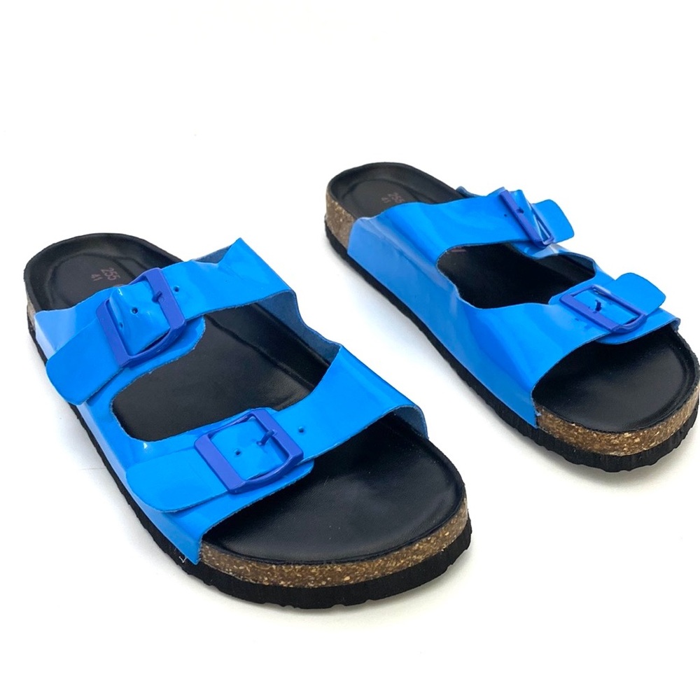 GUOLUOFEI Women's Blue/Black 2-Strap Slip On Sandals